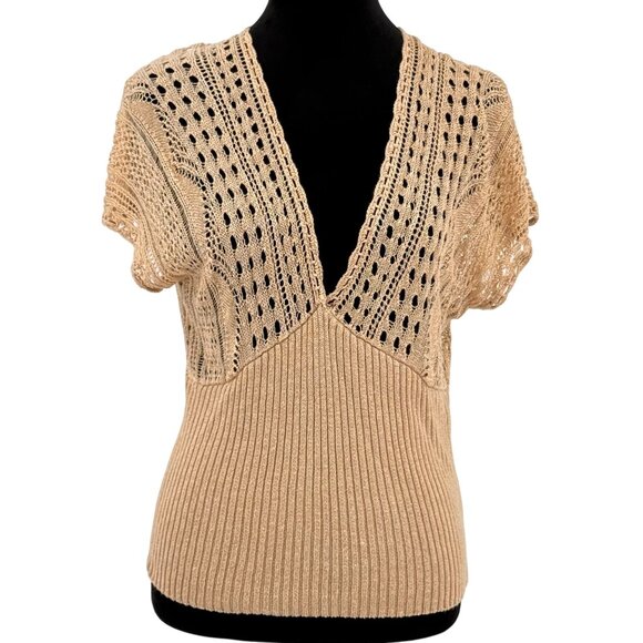 Vtg White House Black Market Crochet Top Womens M Deep V Neck Linen Y2K Coquette - Picture 1 of 6